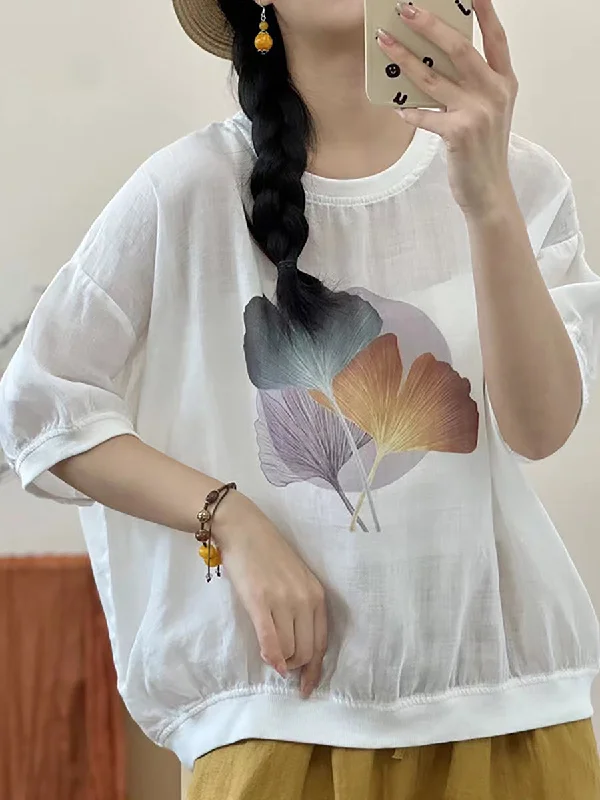 Women Summer Leaf Ramie Thin Pullover Shirt XX1039 Simple Shirt Dress