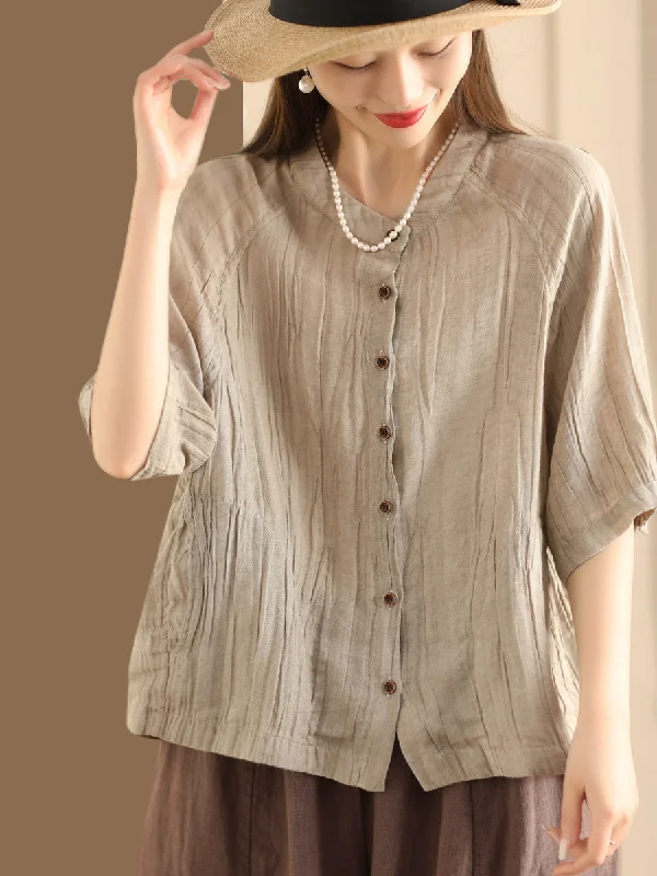 Women Summer Retro Solid Linen Button-up Shirt XX1012 Tartan Shirt Dress