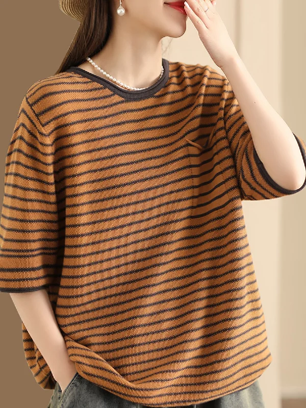 Women Summer Stripe Casaul Knitted Pullover Shirt SC1021 Black Shirt Dress