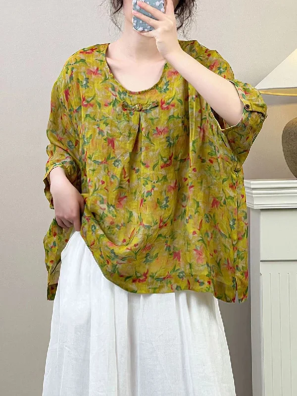 Women Summer Vintage Floral Ramie Pullover Shirt SC1036 Shirt Dress Party