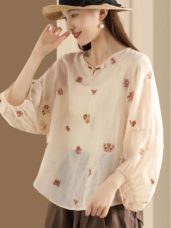 Women Summer Vintage Flower Embroidery Ramie Shirt AA1042 Shirt Dress Look