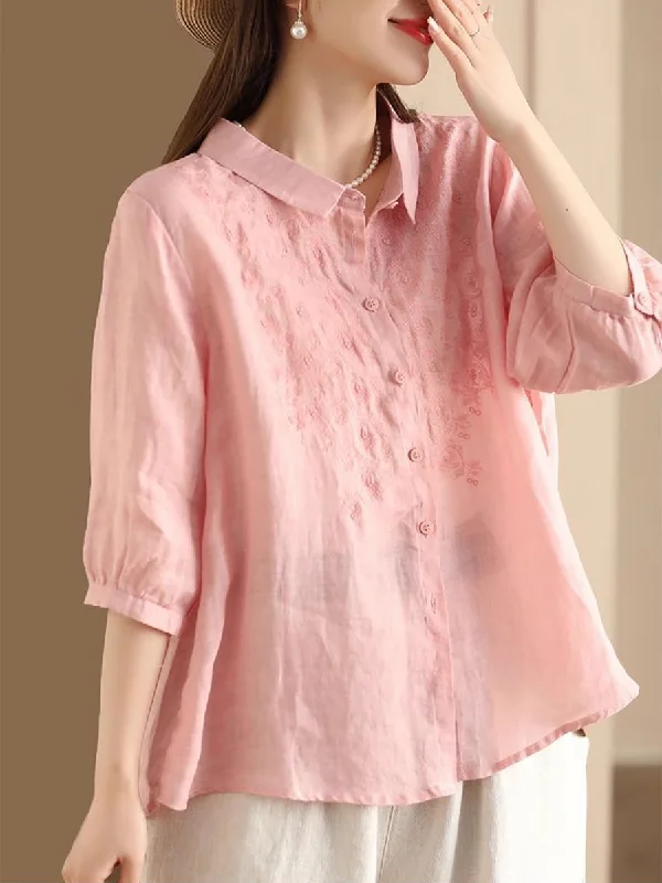 Women Vintage Embroidery Summer Ramie Loose Shirt SC1003 Stretch Shirt Dress