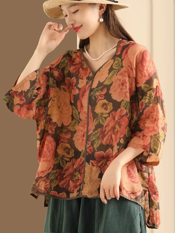 Women Vintage Floral V-Neck Linen Summer Shirt XX1014 Shirt Dress Trend