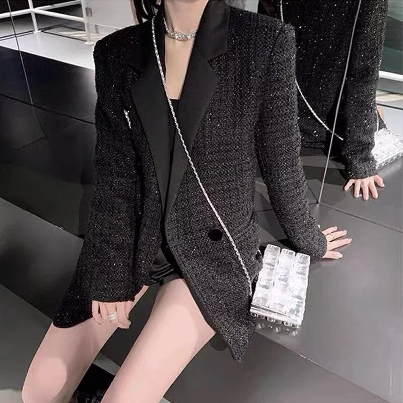 2023 Autumn Winter Casual Black Bright Silk Tweed Long Sleeve Blazers Coat Women Temperament Woolen Blended Jacket Women's spring jackets