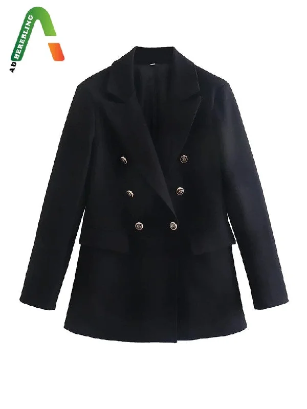 Adherebling  Woman Casual Traf Jacket Spring Notched Collar Double Breasted OL Style Straight Blazers Long Black Coats Tops Women's lightweight summer jackets