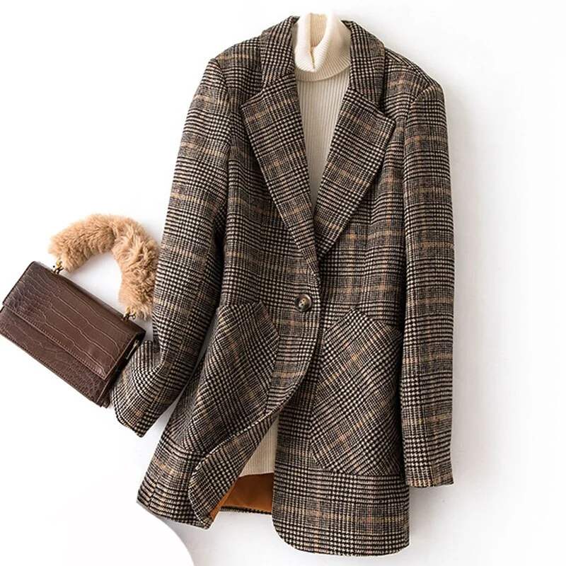 Autumn Winter Vintage Women Plaid Suit Woolen Jacket Ladies Slim Casual Wool Blazer Single Breasted Coat Women 2023 Oversized