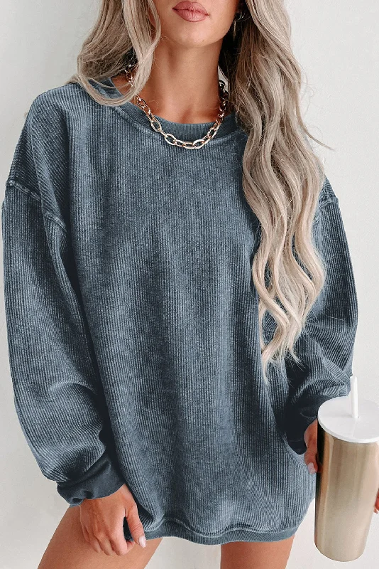 Blue Solid Ribbed Knit Round Neck Pullover Sweatshirt Elegant Button Shirt