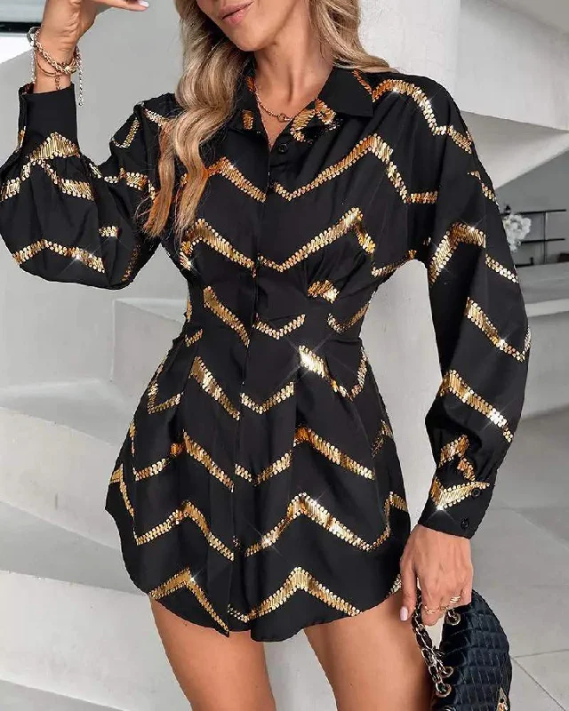 BRONZING CHEVRON PRINT SHIRT DRESS Long Sleeve Shirt