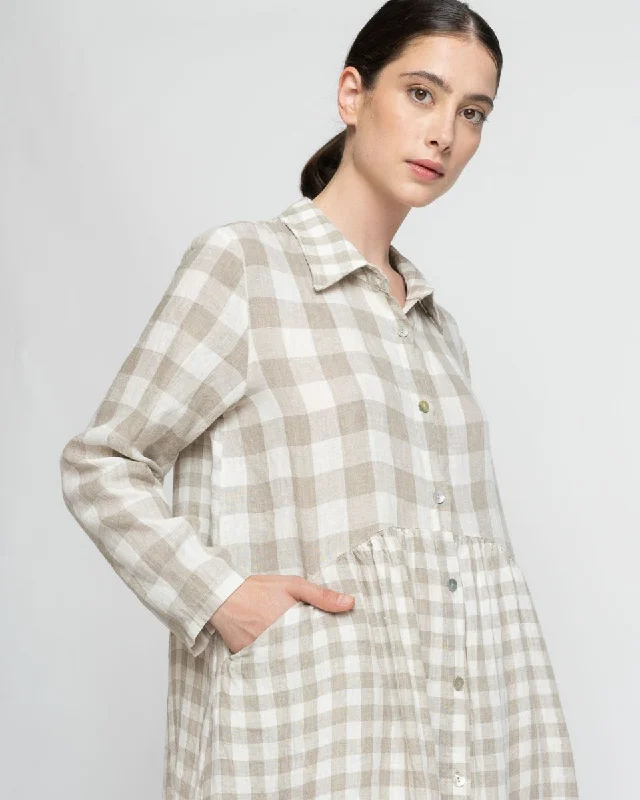 Checker Scoop Panel Button-Up Shirtdress Belted Button Dress