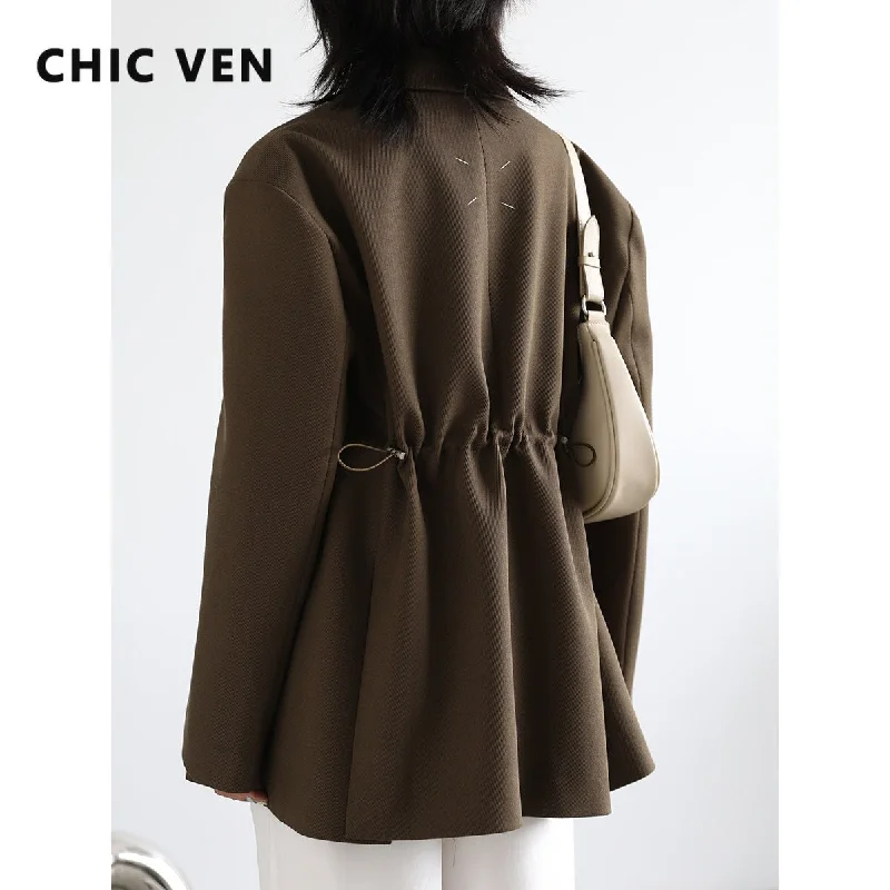 CHIC VEN Women's Blazer Solid Casual Loose Drawstring Suit for Woman Female Jacket Medium Length Office Lady Overcoat 2023 Women's hooded jackets