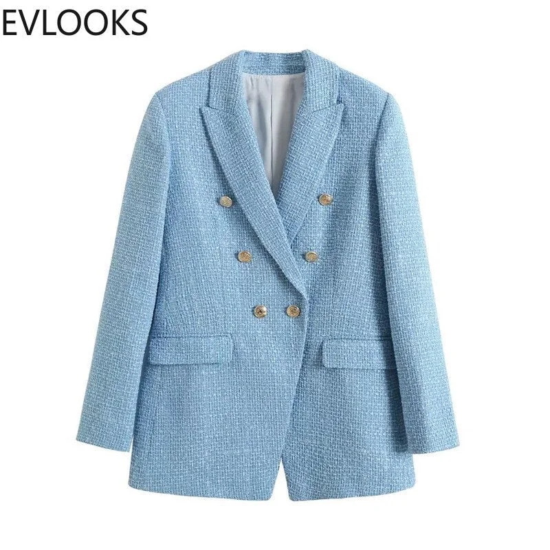 Evfer Spring Autumn Chic Lady Double Breasted Za Long Jackets Office Lady Casual Texture Blazers Womens Blue Outwear Women's leather jackets