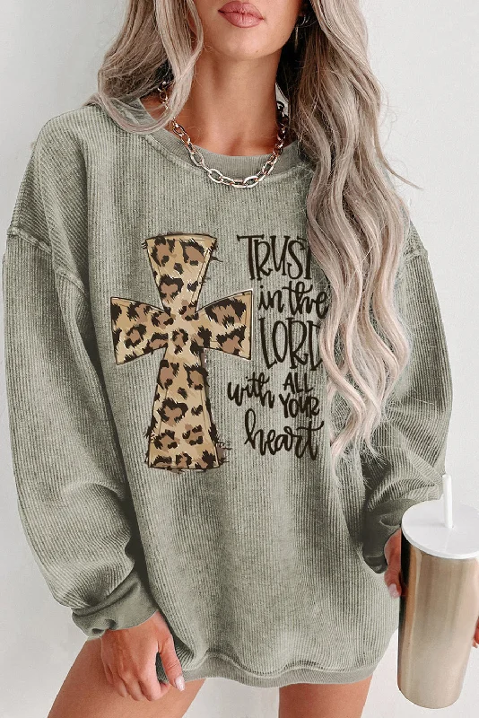 Green Leopard Jesus Cross Corded Oversized Sweatshirt Basic Shirt Dress