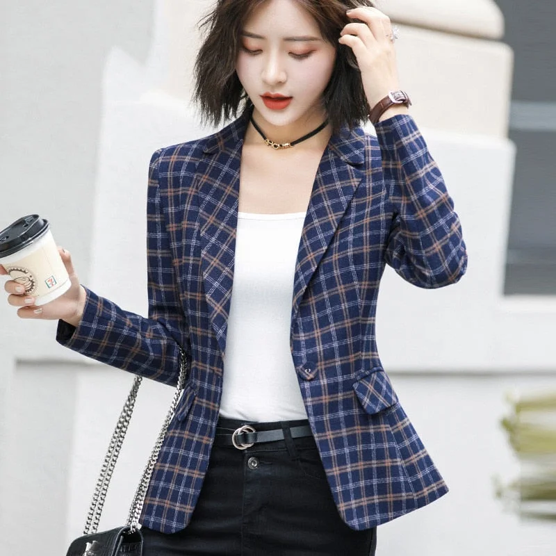 High-quality Plaid Jacket Vintage Plaid with Pocket Office Lady Casual Style Blazer Women Wear Single Button Suits Coat P342 Women's quilted jackets