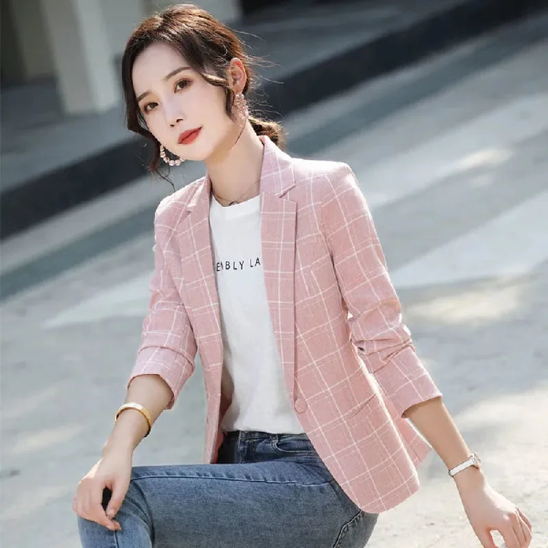 Korean Casual Slim Collar Long Sleeve Work All-match Elegant Blazer Jacket Women Vintage Stylish Plaid Office Lady Slim Jacket Women's suede jackets