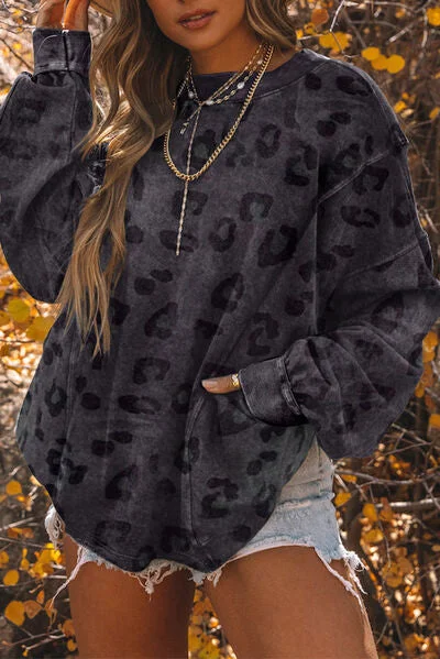 Leopard Round Neck Dropped Shoulder Sweatshirt Button-up Shirt Dress