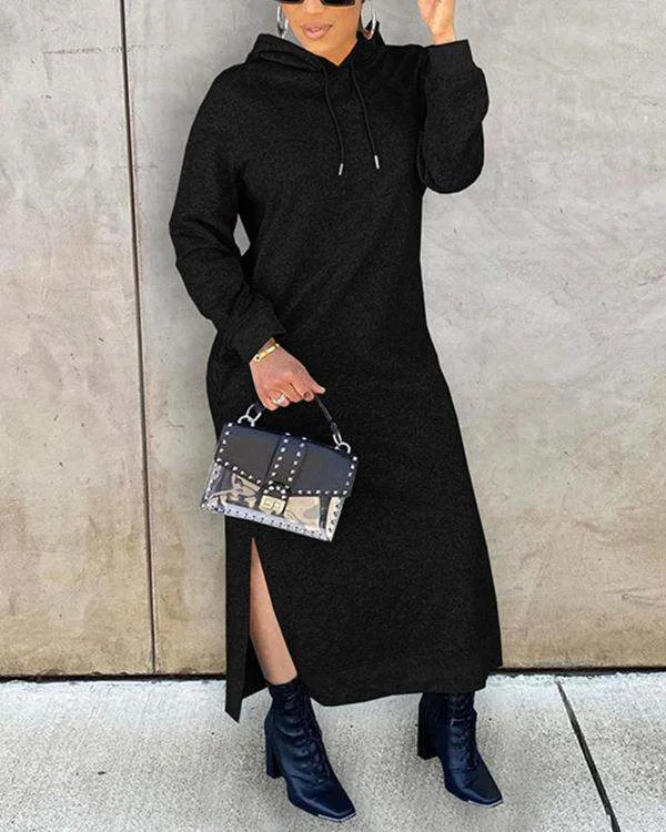 LONG SLEEVE SPLIT HEM HOODED SWEATSHIRT DRESS