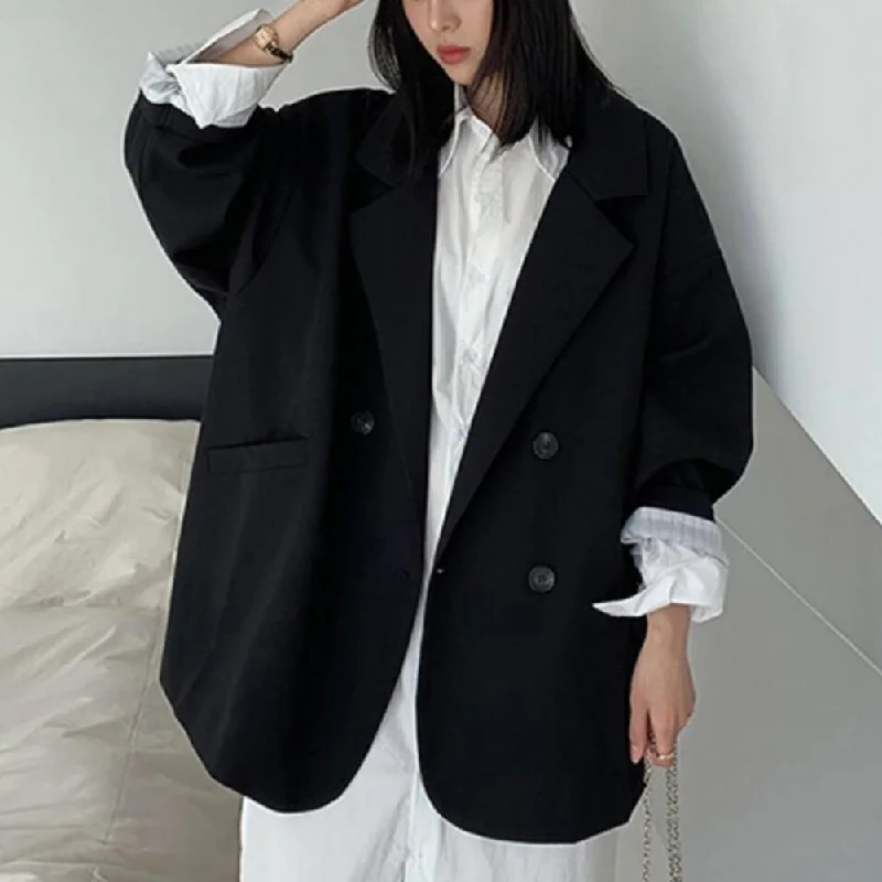 Long Sleeves Two Pockets Blazer Coat	Double-breasted Oversized Casual Blazer Autumn Winter Solid Color Casual Lapel Suit Jacket Best women's jackets for winter