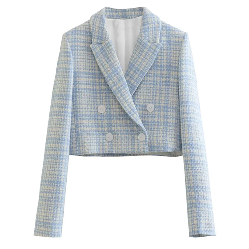 Maxdutti 2023 Autumn Casual Blazers Women High Street Retro Plaid Double Breasted Woolen Short Jacket Women's H&M jackets