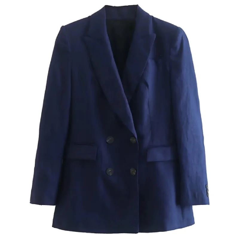 Maxdutti Navy Color Casual Blazers Women England Style Office Lady Simple Linen Jacket Women's motorcycle jackets