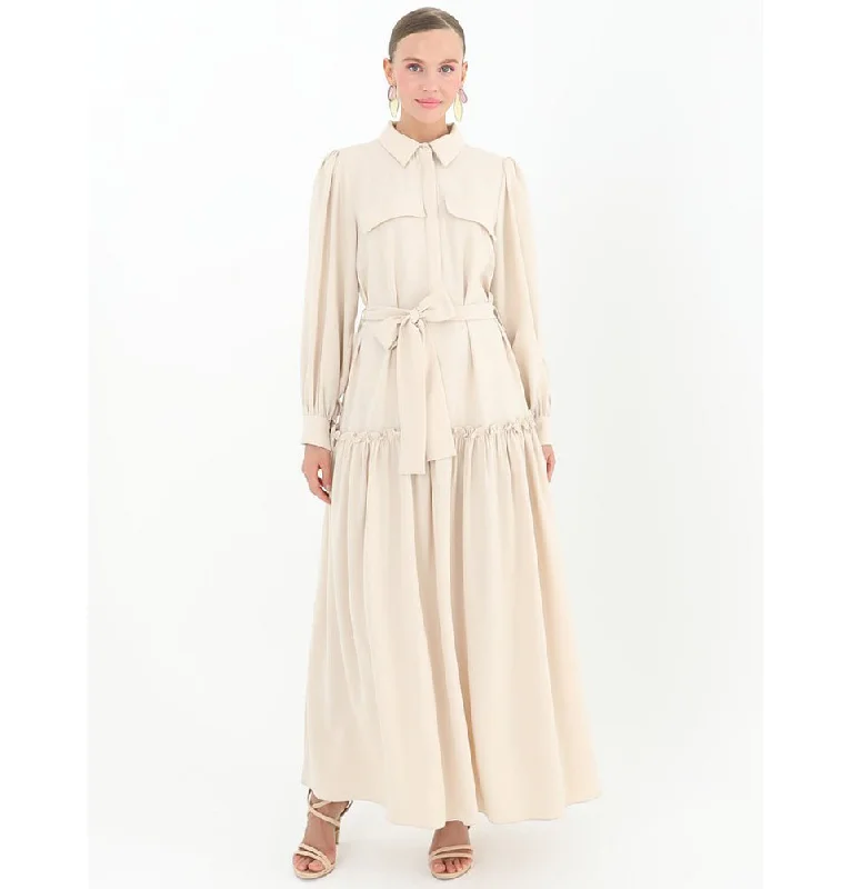 Modest Women's Shirt Dress 12502 - Beige Oversized Shirt Dress