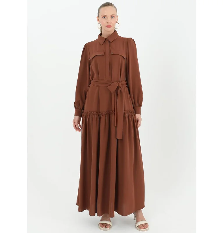 Modest Women's Shirt Dress 12502 - Brown Denim Shirt Dress