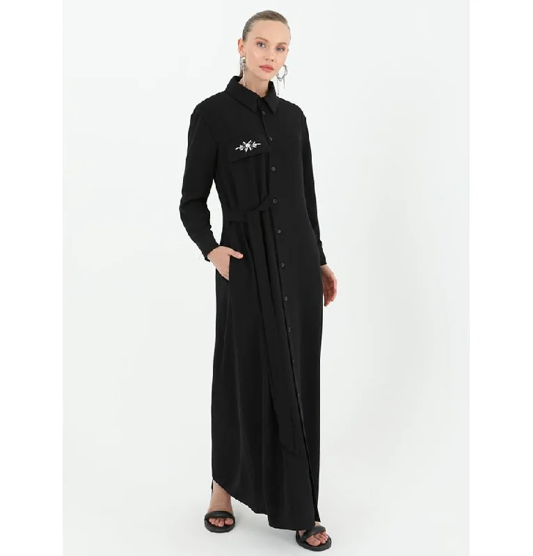 Modest Women's Shirt Dress 12504 - Black Casual Button Shirt