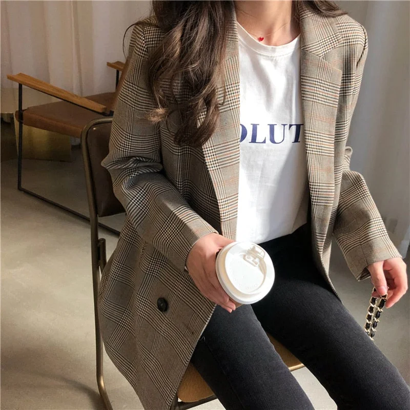 Office Ladies Notched Collar Plaid Women Blazer Double Breasted Autumn Jacket 2023 Casual Pockets Female Suits Coat Women's reflective jackets