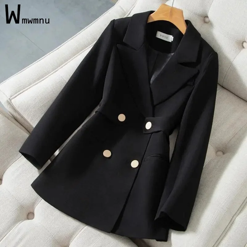 Offlce Lady Black Long Sleeve Blazer Women  Elegant Design Double Breasted Casual Suit Coat Korean Slim With Belt Jackets Women's vintage jackets