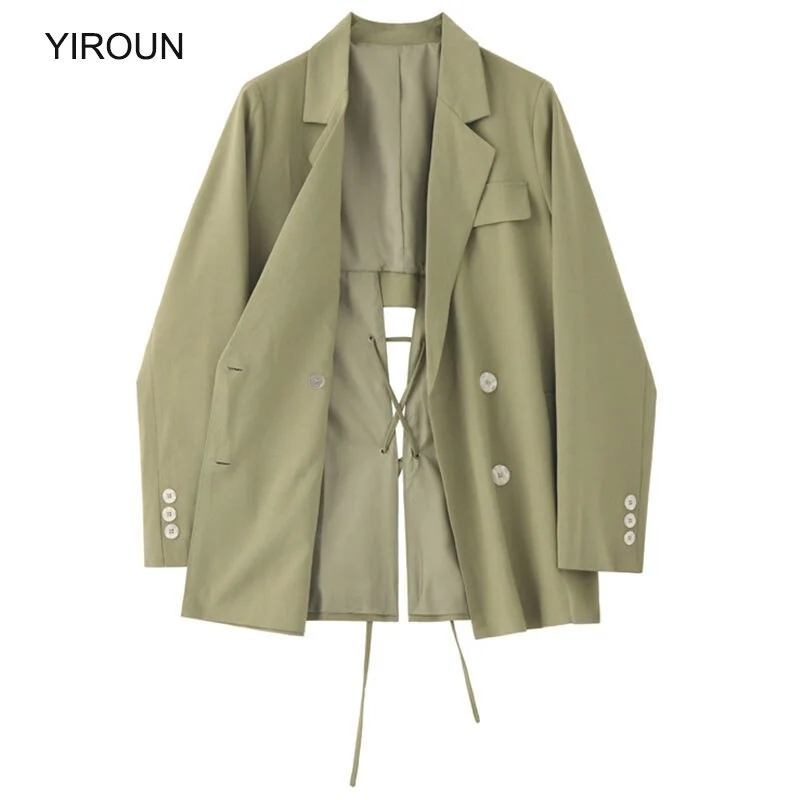 Oversized Blazer Women Spring Japanese Green Suit Jacket Female Overcoat Hollow Out Design Sense Cross Strap Casual Thin Suit Women's fleece jackets