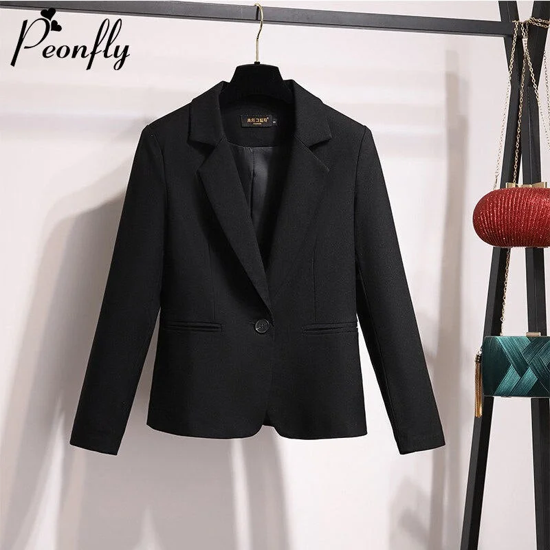 PEONFLY 2023 Women Solid Color Black Blazer Jacket Casual Long Sleeve Loose Coat Office Lady Single Button Blazer Women's all-season jackets