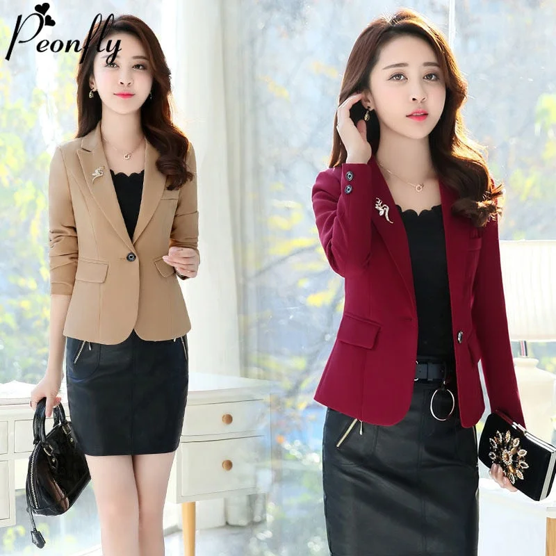 PEONFLY Women Blazer 2023 Casual Office Lady Work Pockets Jackets Coat Slim Korean Style Solid Women Blazer Femme Jacket Women's boho jackets