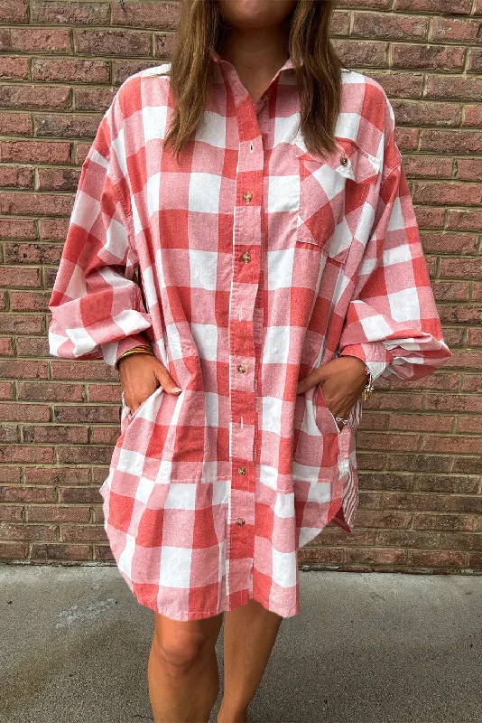 Pink Oversized Plaid Puff Sleeve Round Hem Shirt Dress Trendy Shirt Dress