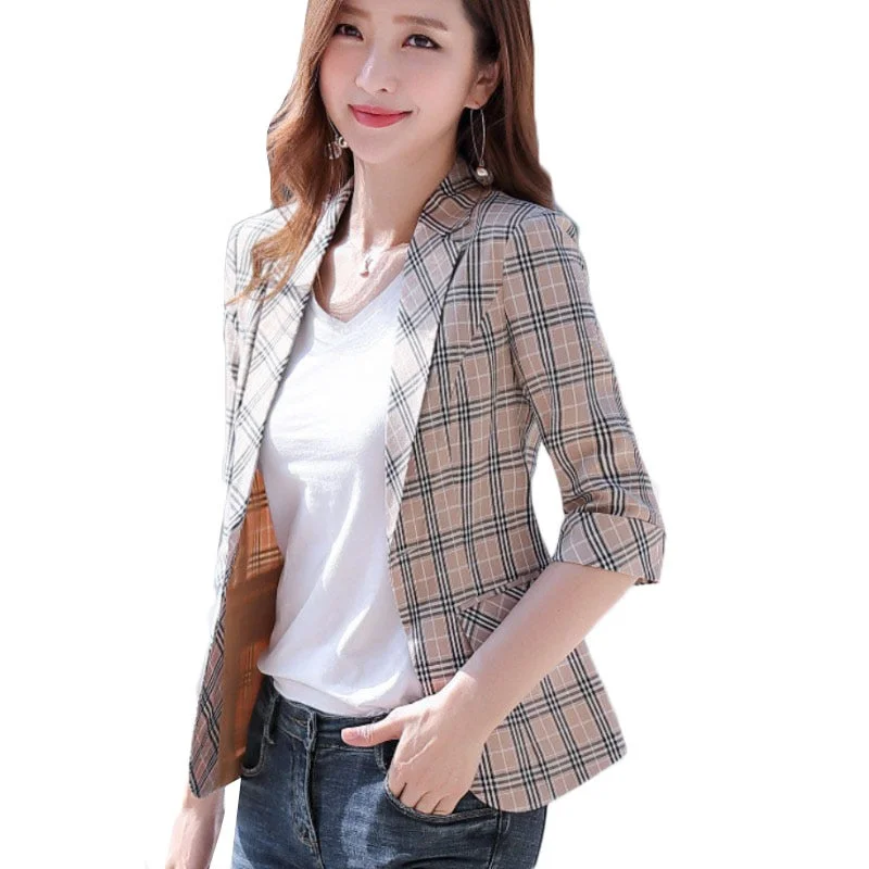 Plaid Blazer Female British Casual Short Small Suit Spring Office Lady Single Button Three Quarter Women's Suit Lattice Jacket Women's hiking jackets