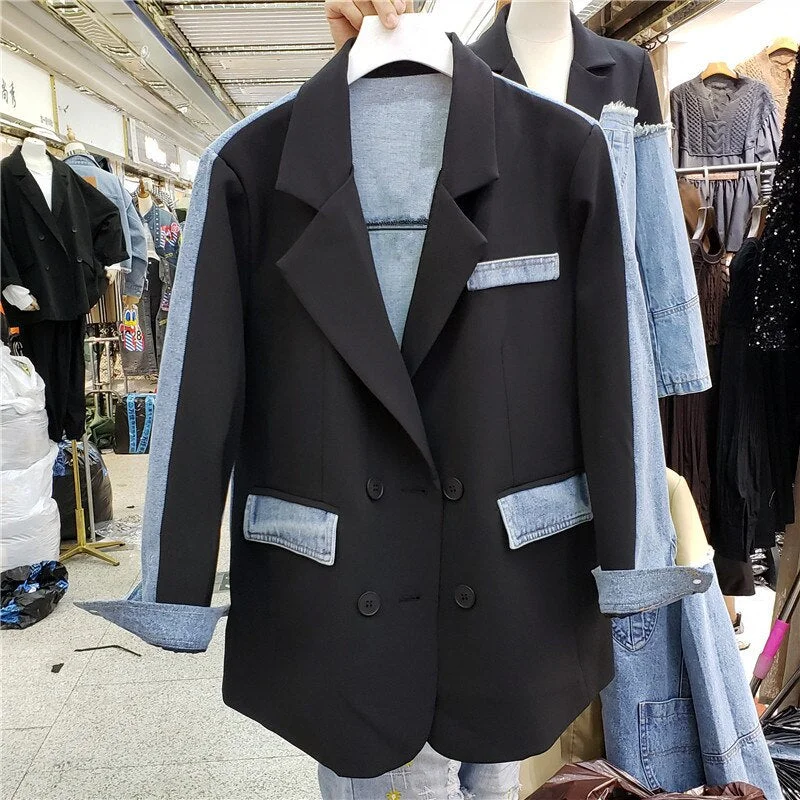 Spring Autumn Women Color Contrast Denim Patchwork Blazers Black Khaki Notched Collar Double Breasted Female Casual Suit Jacket Women's lightweight jackets