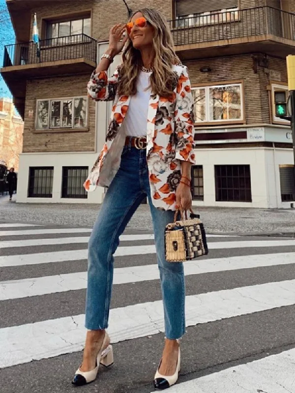 Spring/summer Printed Ladies' Casual Small Suit Jacket Thin Long Sleeve Ladies' Cardigan Jacket Blazer Women Office Lady