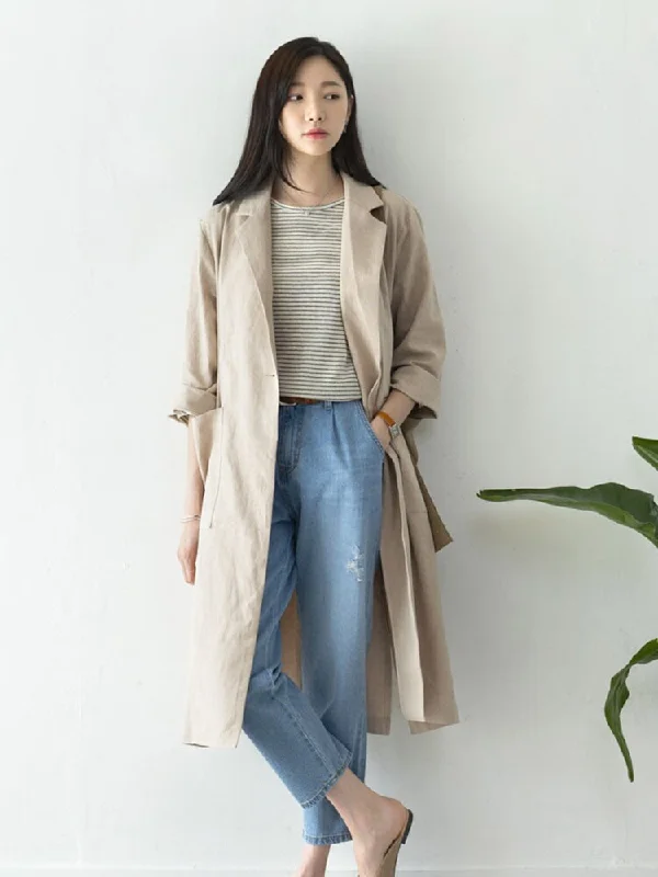 Spring  Summer Women's Loose Casual Women's Suit Tops Mid-length Cotton and Linen Suits Trench Coats Retro Suit Jackets