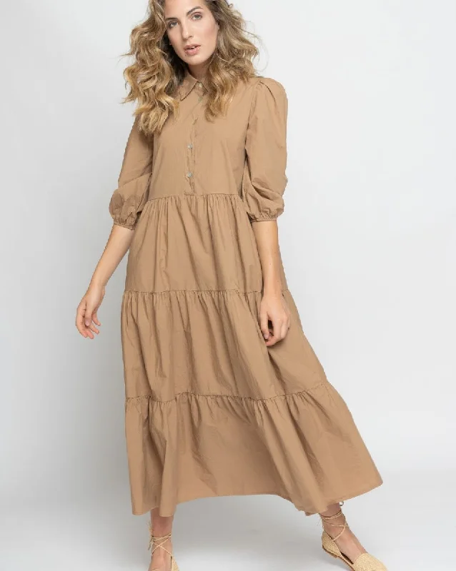 Tiered Bishop Sleeve Button-Up Shirtdress Stylish Shirt Dress