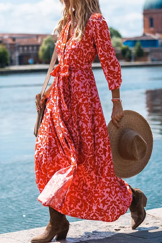 Tomato Red Printed 3/4 Sleeve V Neck Shirt Long Dress with Belt Relaxed Shirt Gown