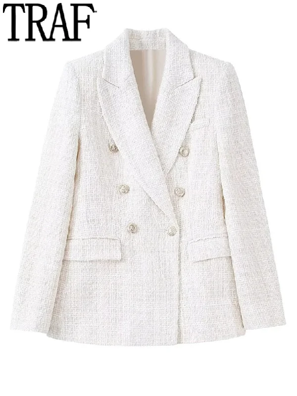 TRAF Beige Casual Blazer Woman Office Double Breasted Blazer Women Textured Long Sleeve Chic And Elegant Woman Jacket Women's reversible jackets