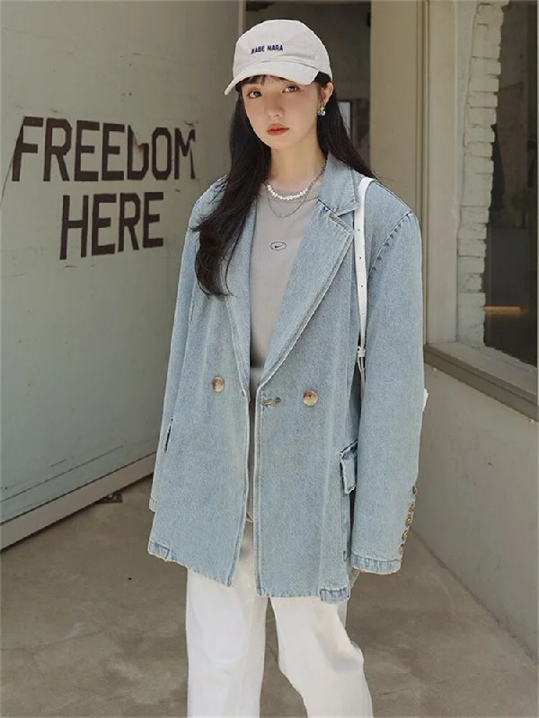 Vintage Denim Suit Jacket Blazers Women 2023 Autumn Elegant Double Breasted Loose Casual Korean Style Cowboy Coat Girl 8690 Women's gym jackets