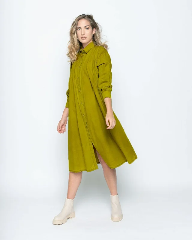 Wash Dyed Pleated Button-Up Shirtdress Linen Shirt Dress