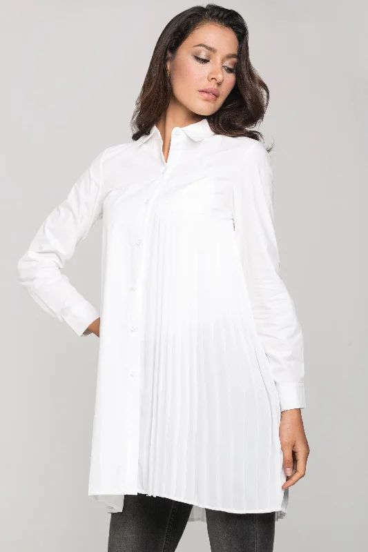 White Pleated Panel Shirt Dress Comfortable Shirt Dress