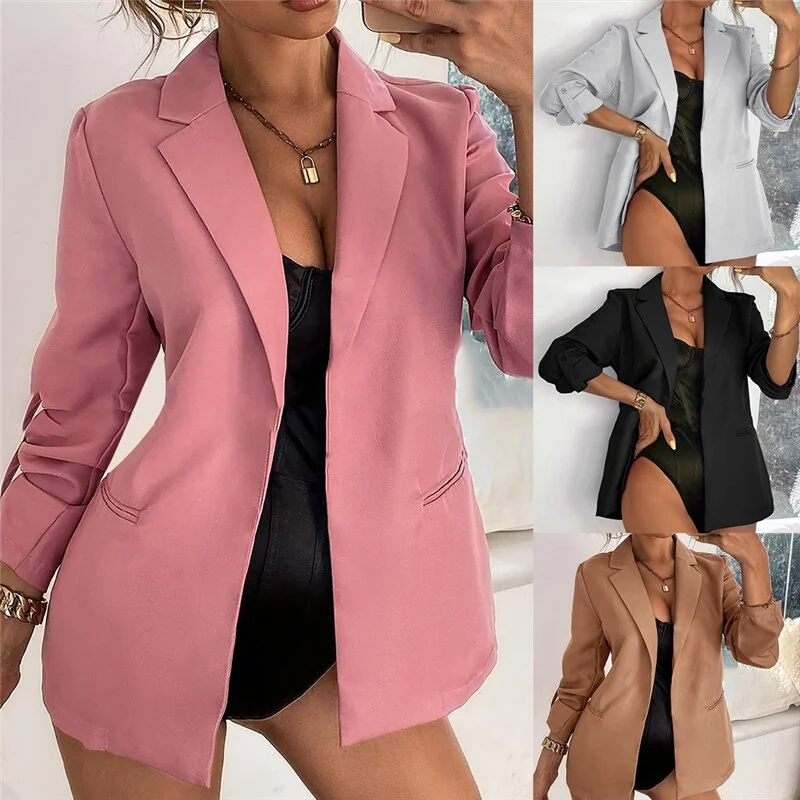 Women Autumn Blazer Jacket Basic Blazer Casual Solid Button Long Sleeve Work Suit Coat Office Lady Elegant Blazers