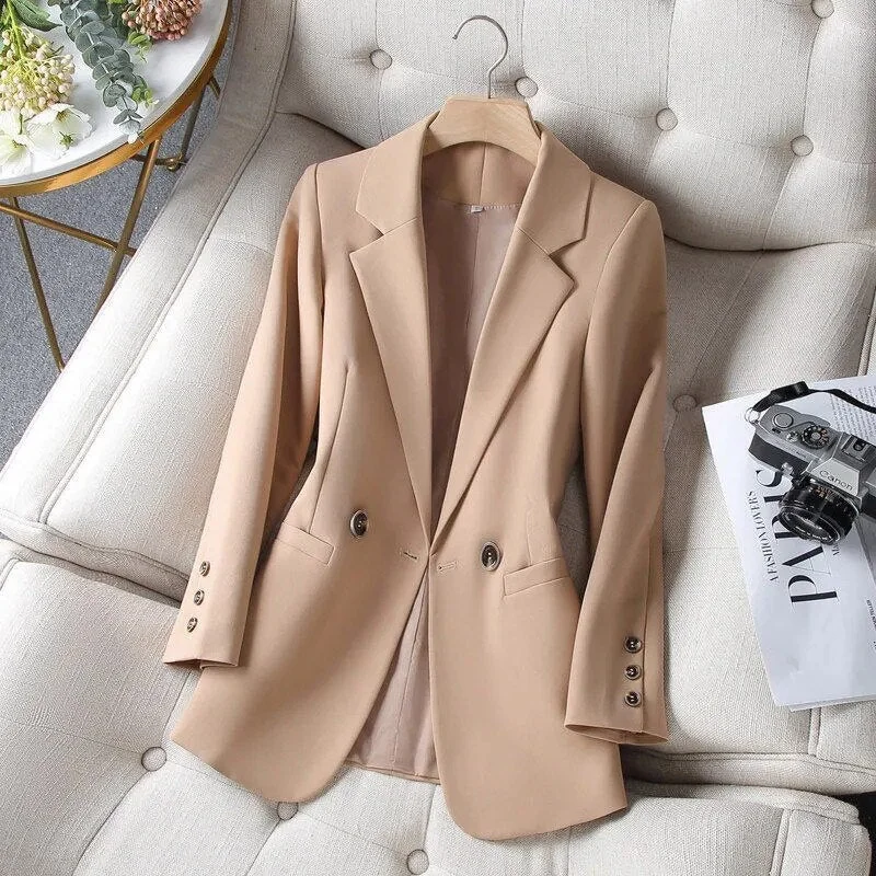 Women Blazer Vintage Notched Collar Pocket 2023 Autumn Office Blazers Double Breasted Female Casual Jackets Suits Coat Women's lined jackets