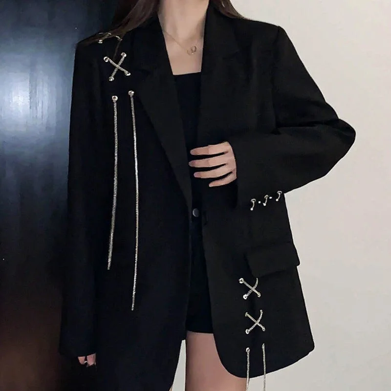 Women's Black Blazer 2023 Spring Autumn Korean Loose Chain Female Suit Jackets Long Sleeves Casual Coat Women's sporty jackets