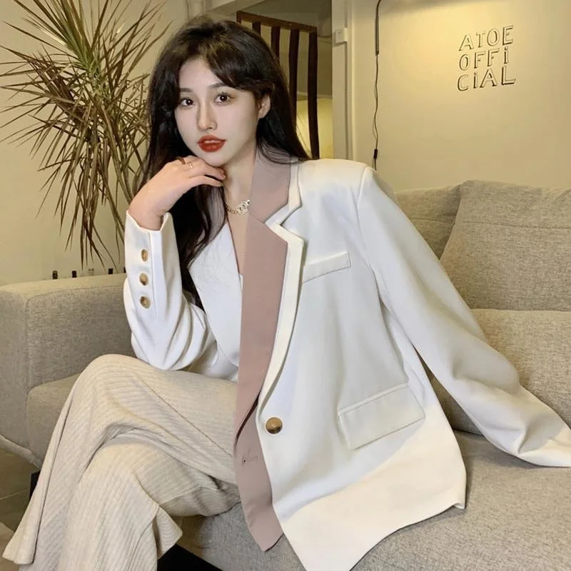 Women's Fake Two Piece Blazer Spring Autumn Loose Jacket Korean Casual Long Sleeve Suit Coat Female Women's fitted jackets