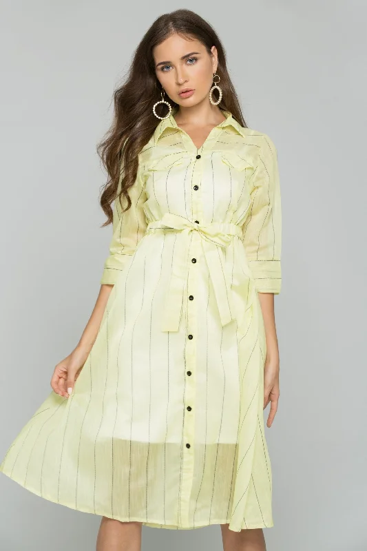 Yellow Cotton Striped Button-Down Belt Strap Shirt Dress Mini Shirt Dress