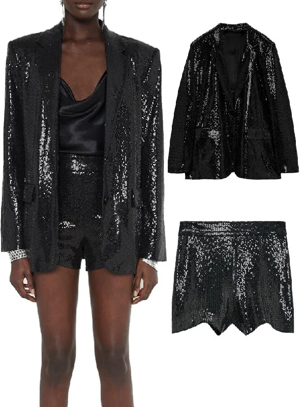 ZA winter women's clothing all-match elegant black sequined suit jacket + sequined high waist casual shorts Women's long jackets